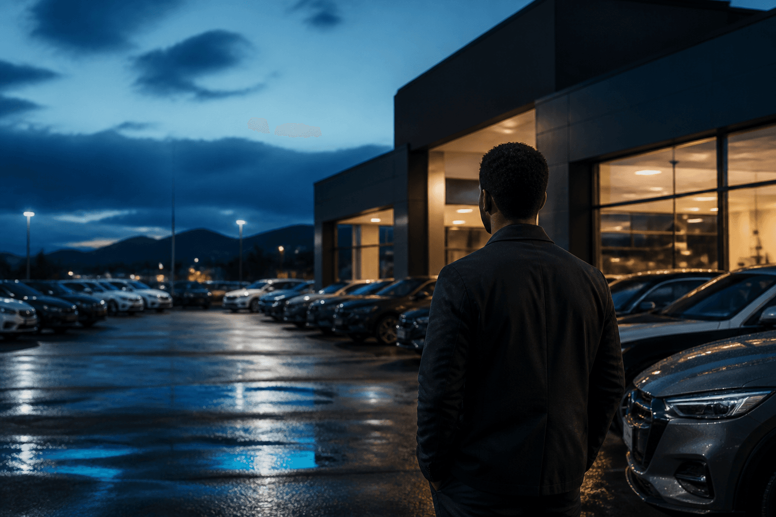 An independent dealership owner overlooking a modern vehicle lot at blue hour