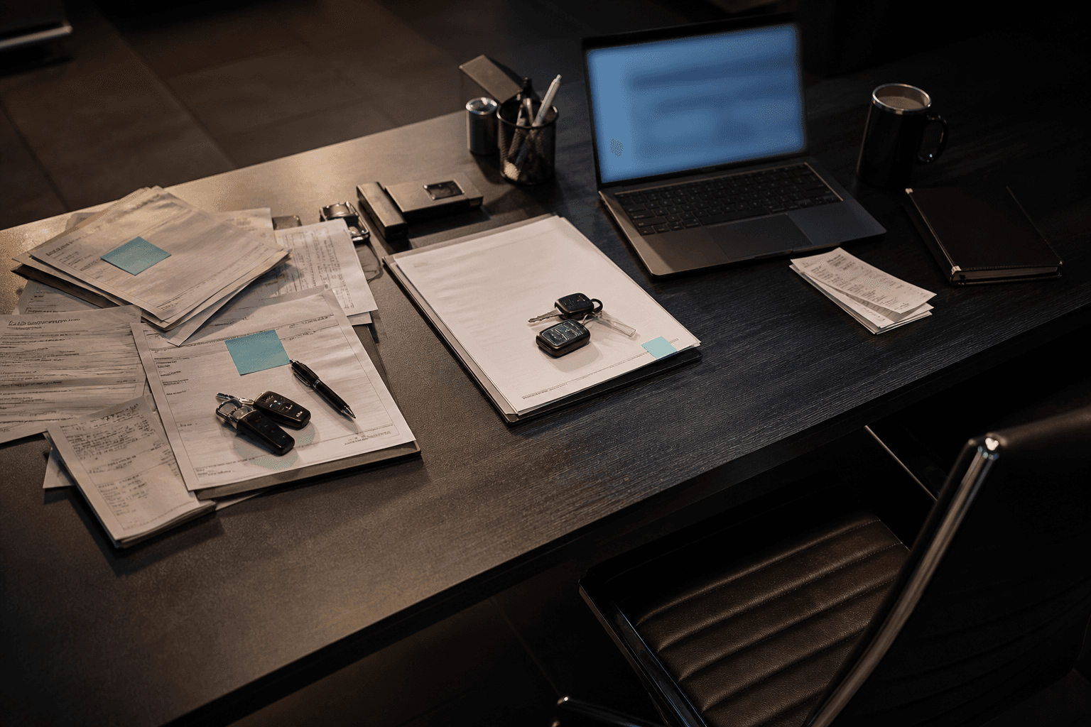 A dealership desk where vehicle records, receipts, and documents are being organized
