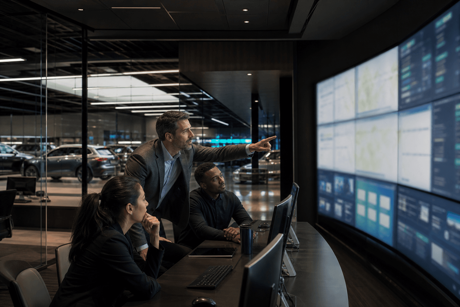 A dealership team reviewing operations together in a modern command center