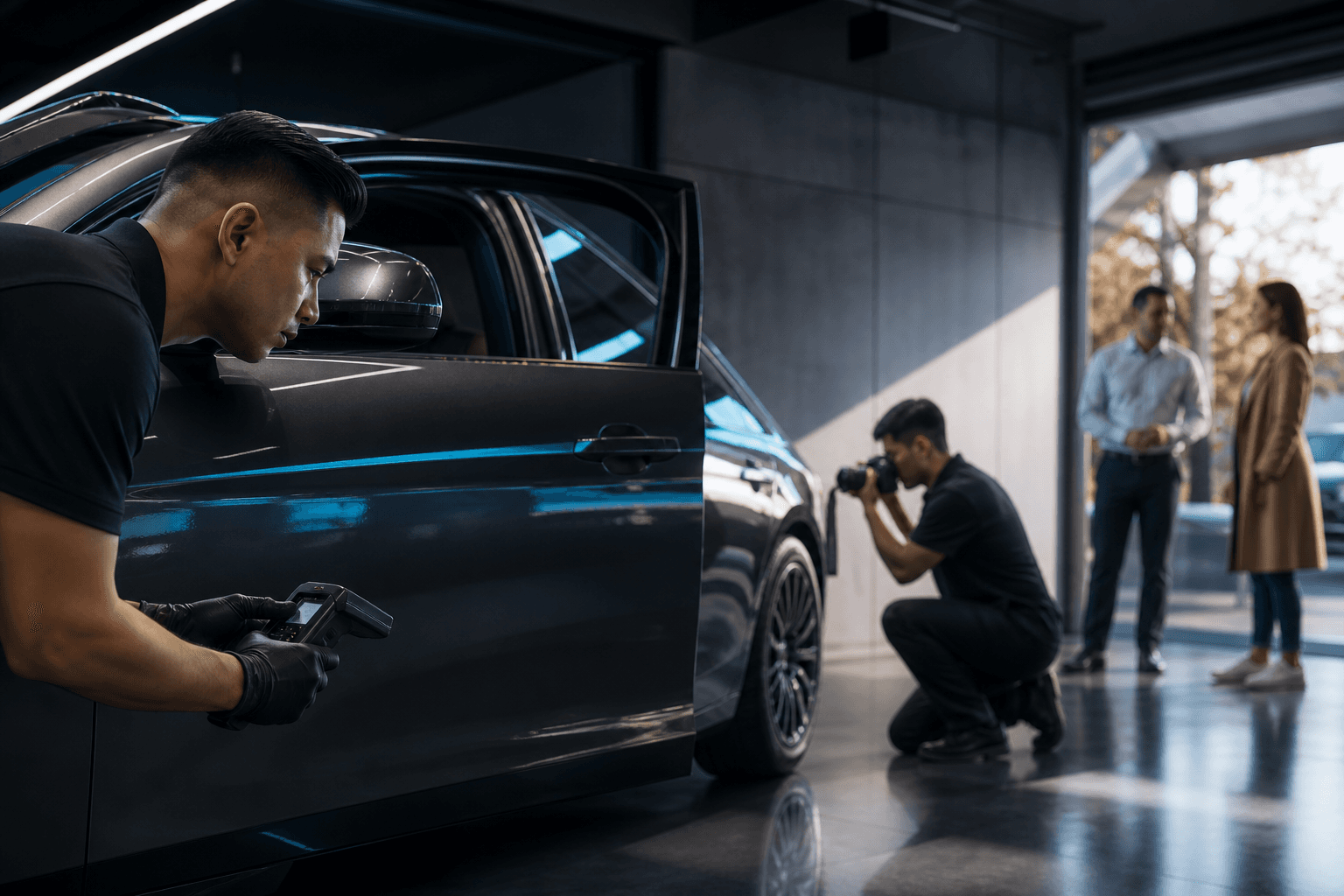 A dealership team documenting a vehicle while preparing for a buyer conversation