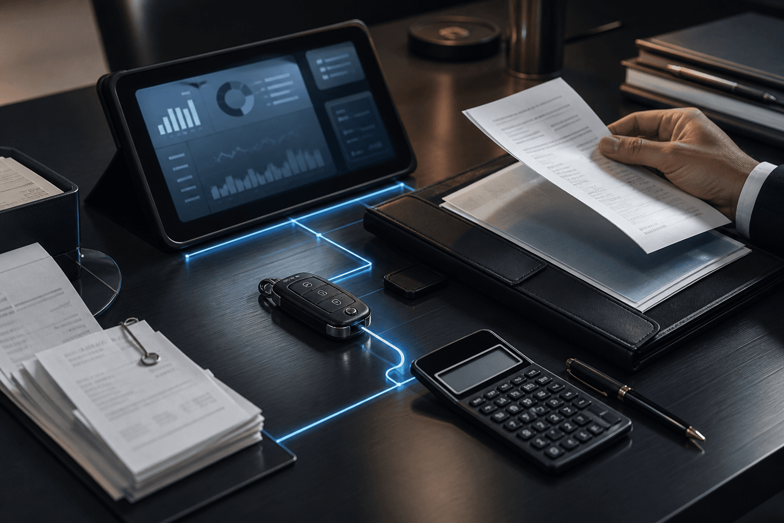 Financial and document records being reviewed at a dealership operations desk