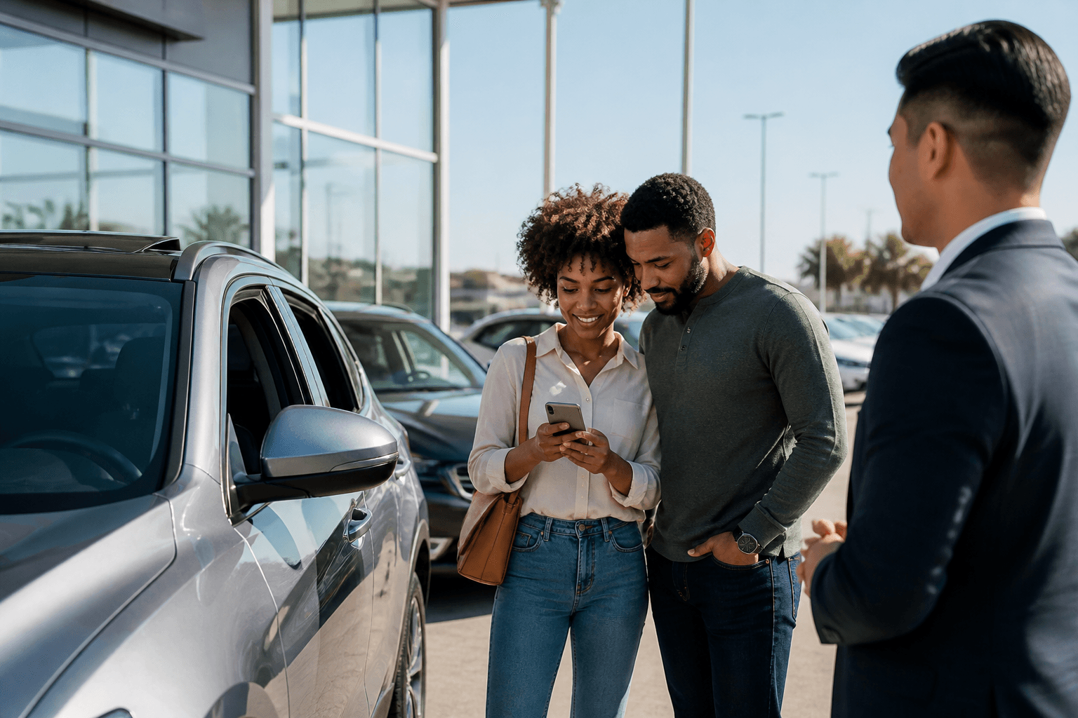 A couple using their phone while exploring a vehicle at an independent dealership