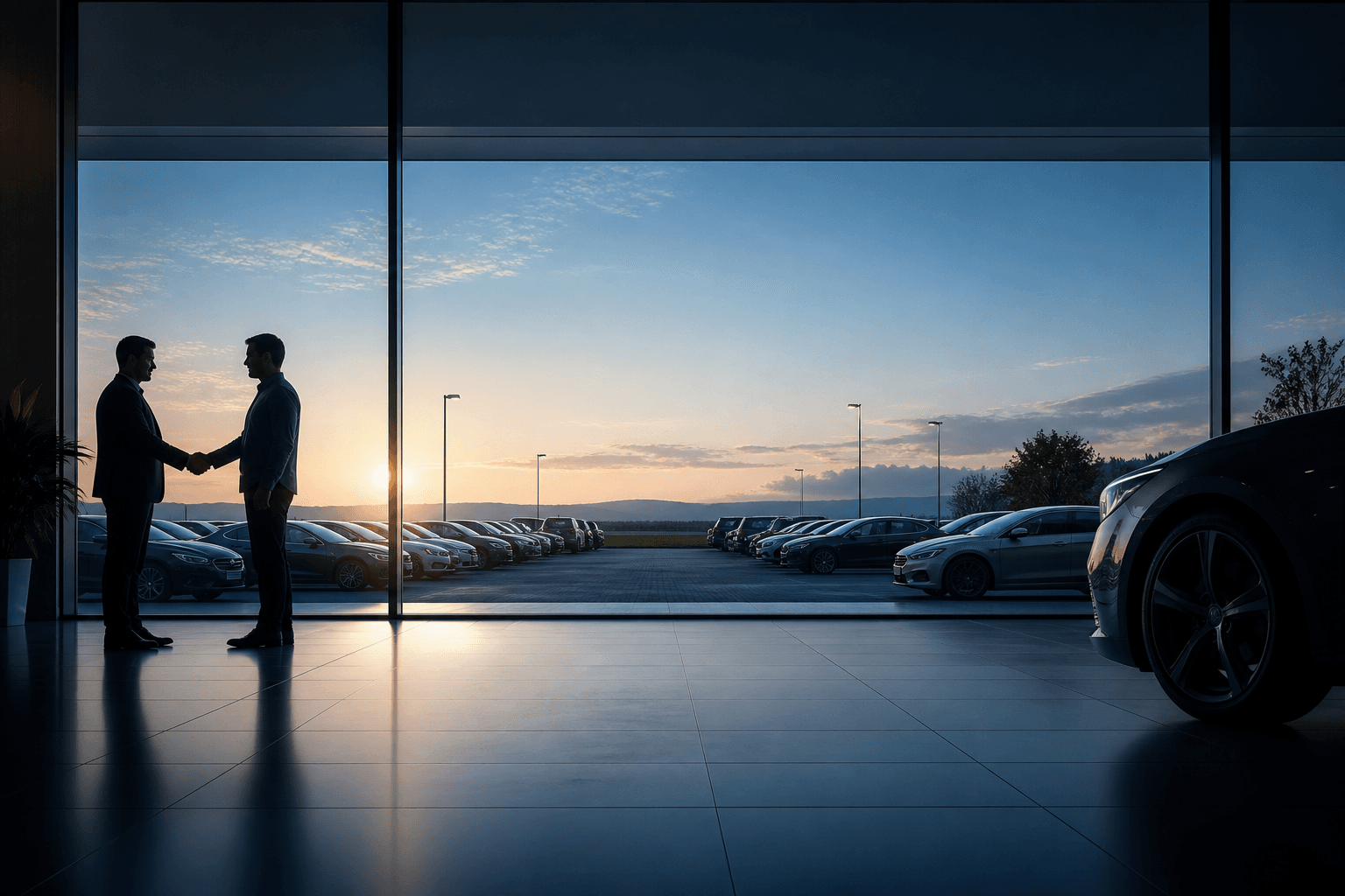 A dealership and customer connection framed by an organized vehicle lot at sunrise