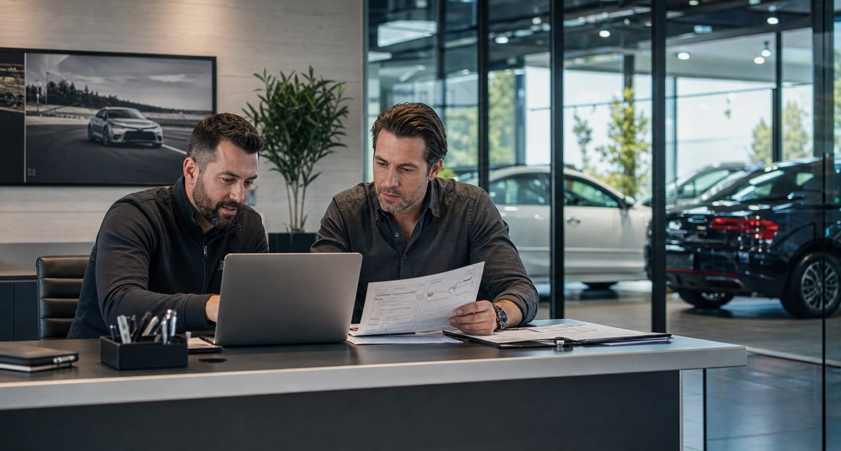 Two dealership operators reviewing inventory and vehicle documents at a showroom desk